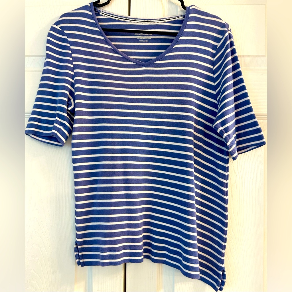 Chico’s Women’s Short Sleeve Purple Striped Ultimate Tee Top Tunic Shirt Sz 1x
